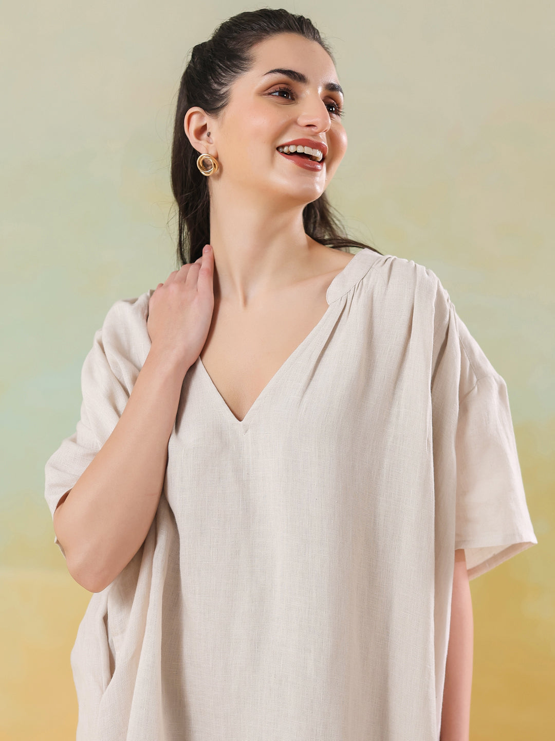 White Color Linen Blend V-Neck Dress for Women