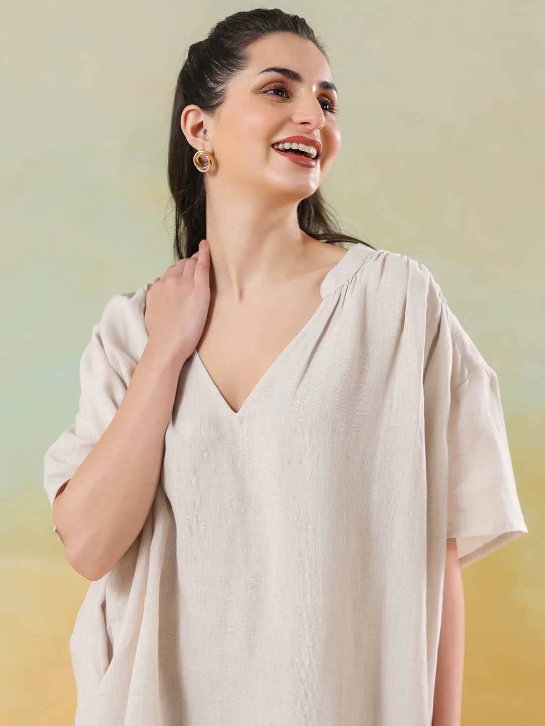 White Color Linen Blend V-Neck Dress for Women - SanskrutiHomes