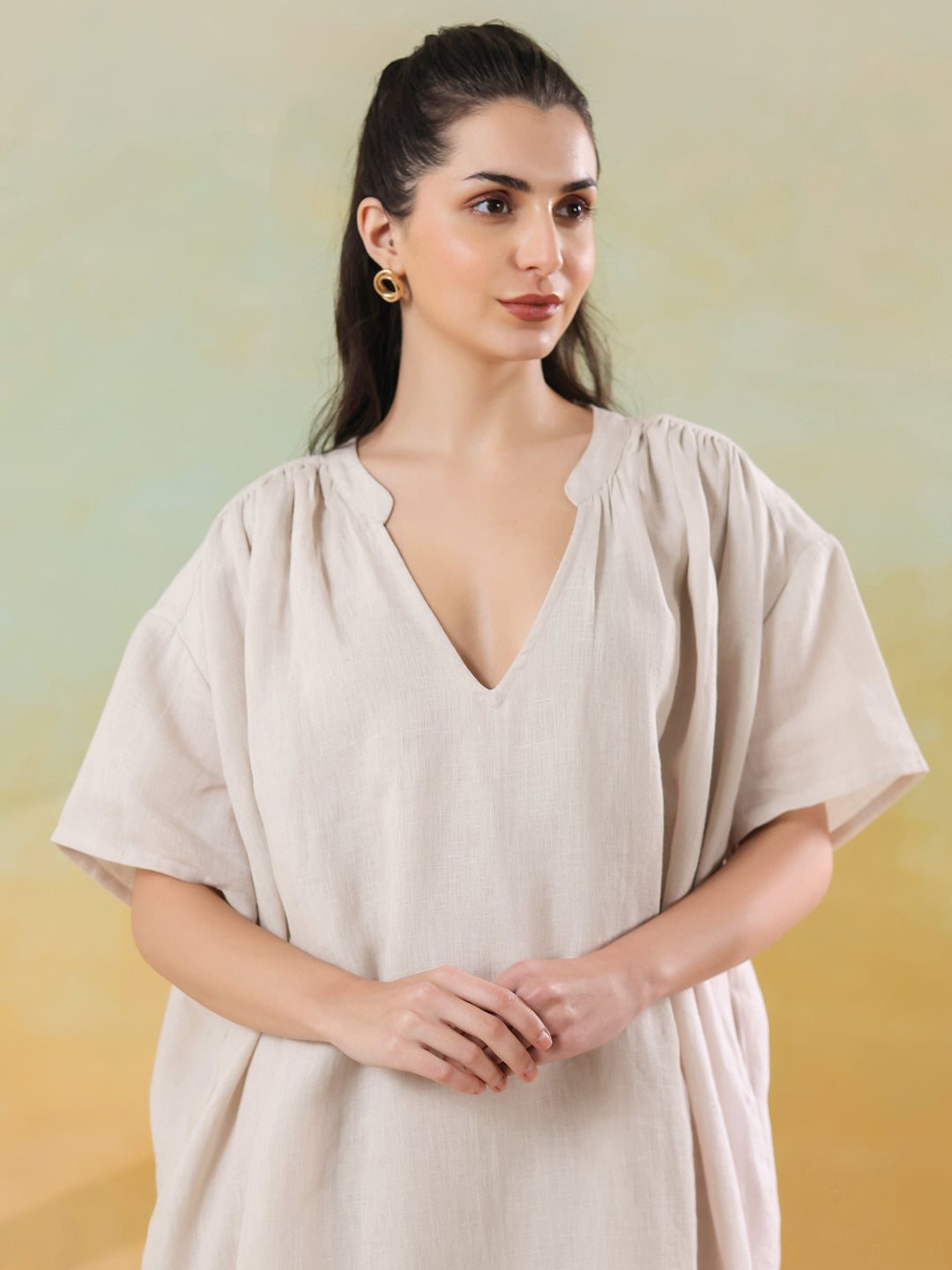 White Color Linen Blend V-Neck Dress for Women