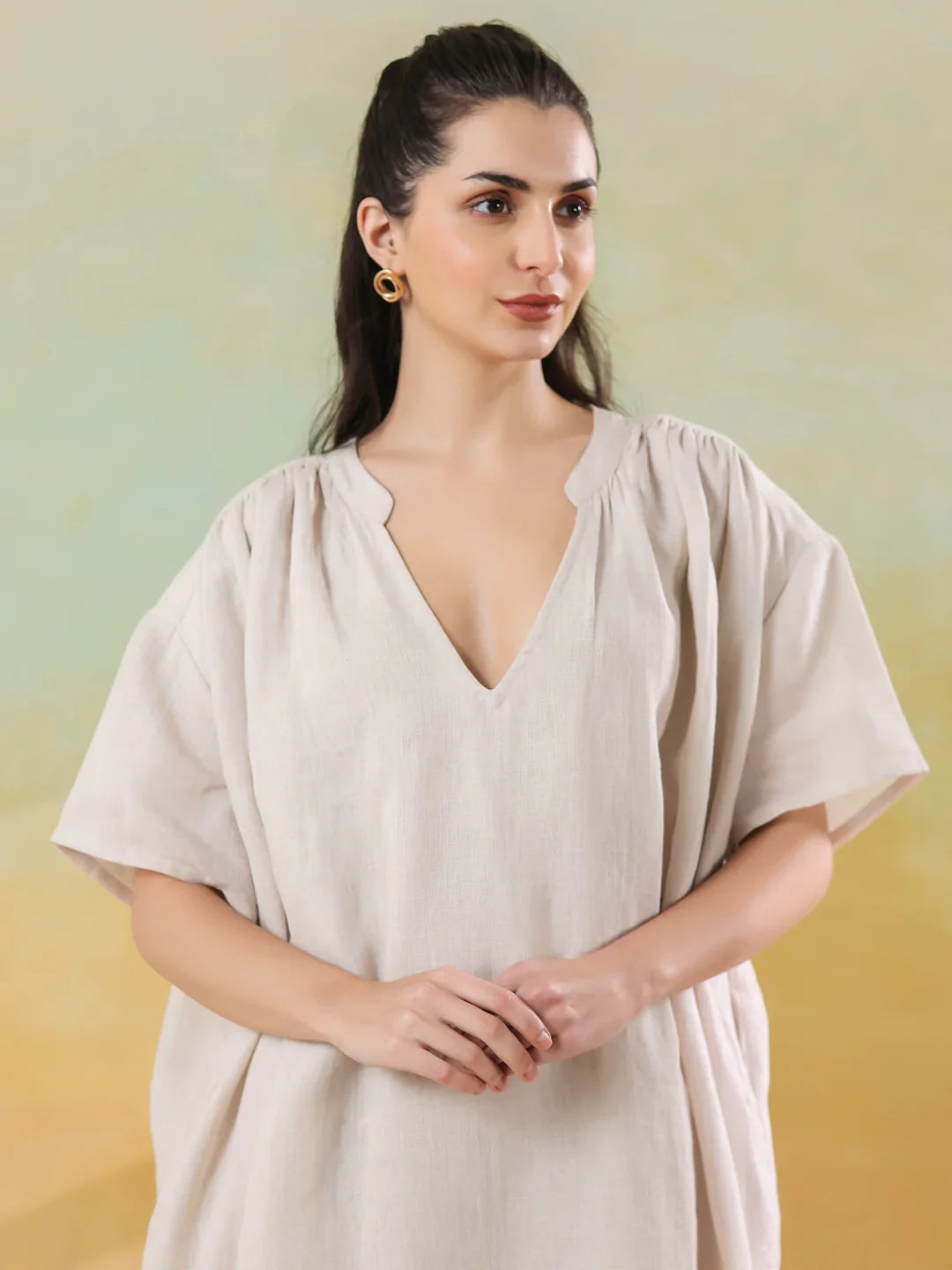 White Color Linen Blend V-Neck Dress for Women - SanskrutiHomes