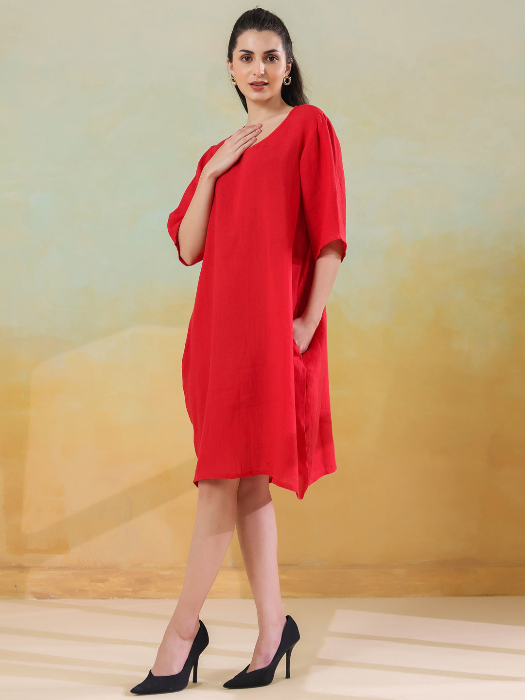 Red Round Neck Linen Blend Dress for Women