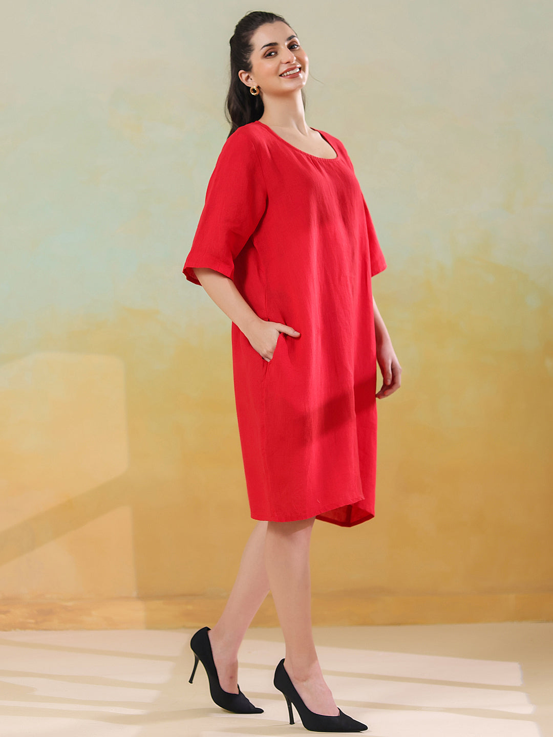 Red Round Neck Linen Blend Dress for Women