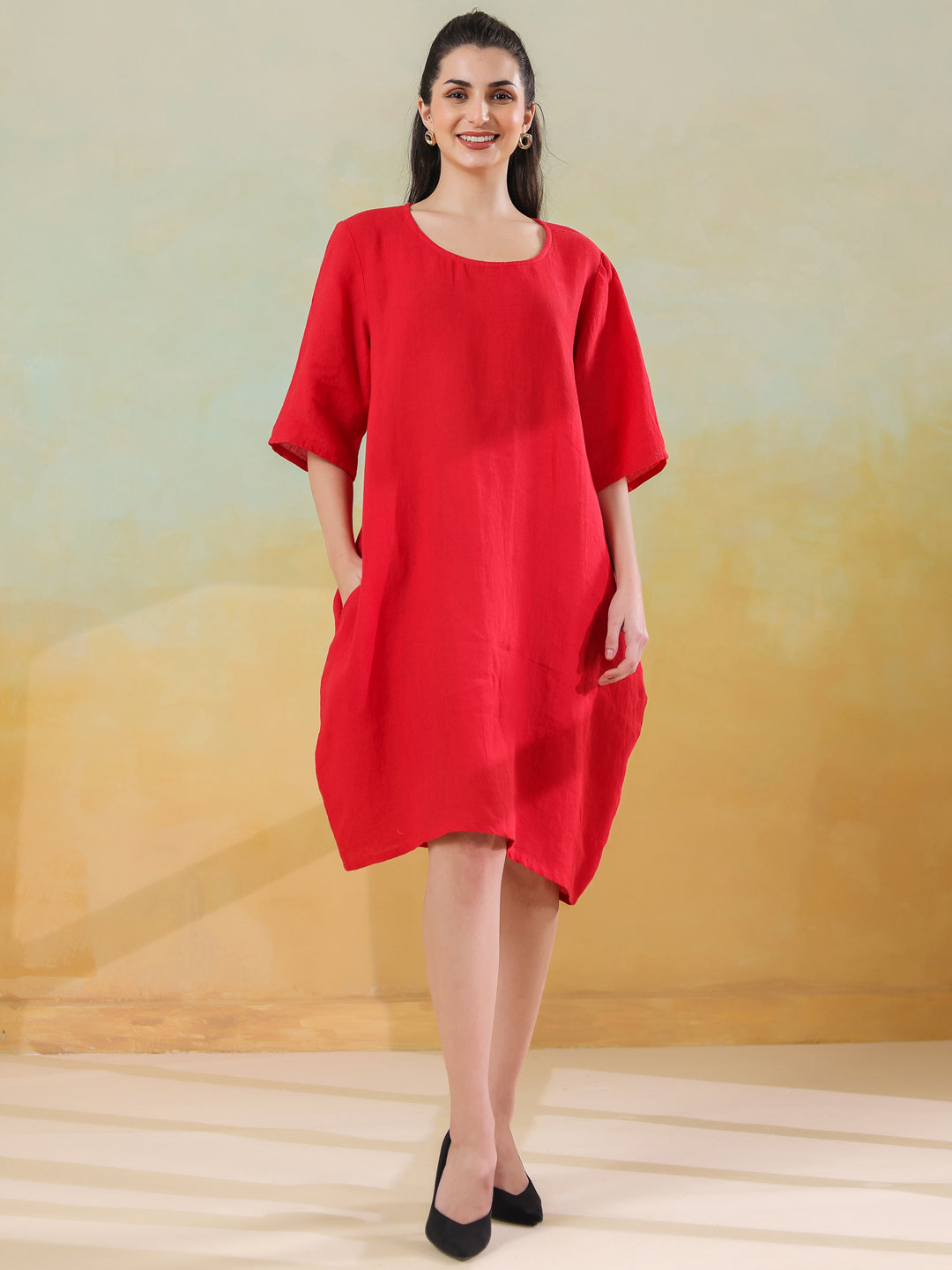Red Round Neck Linen Blend Dress for Women