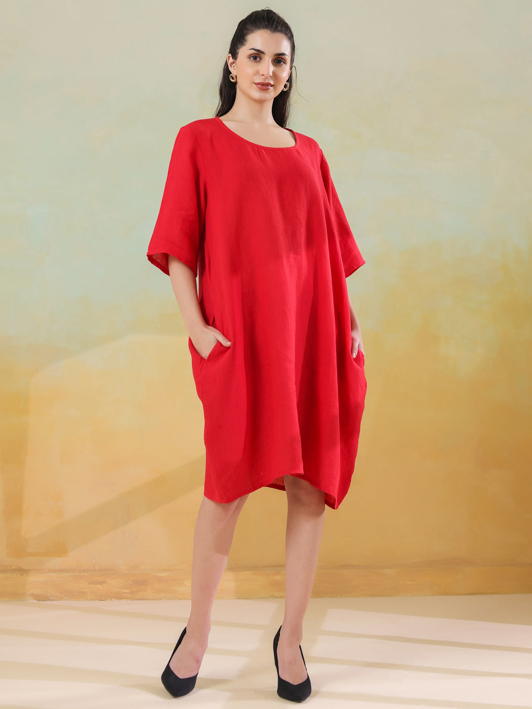 Red Round Neck Linen Blend Dress for Women