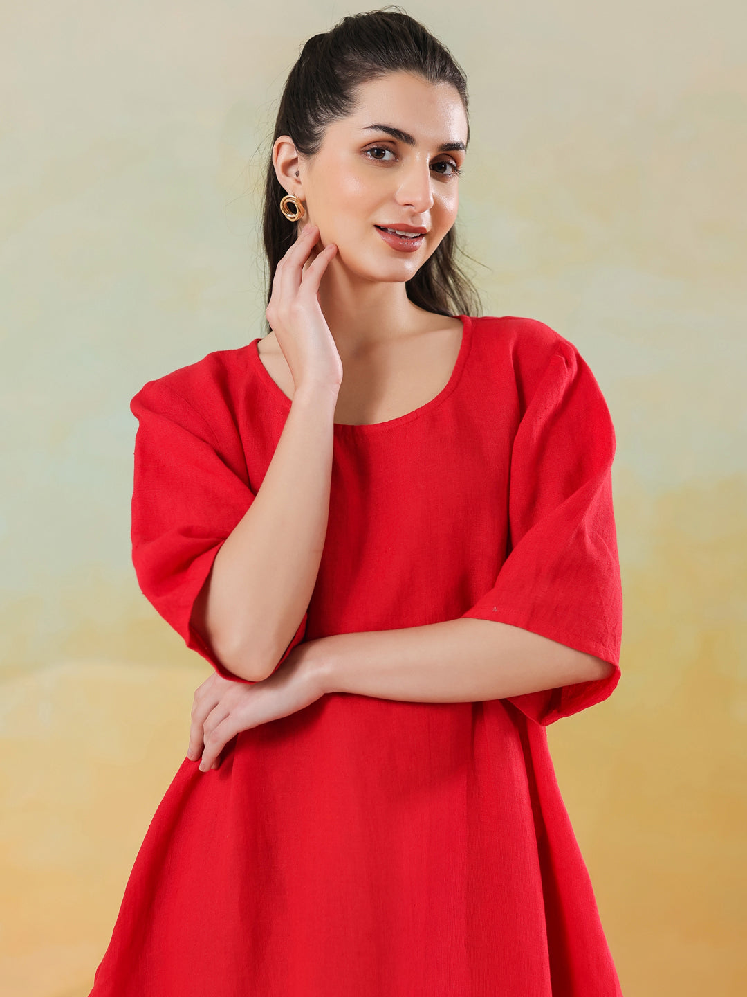 Red Round Neck Linen Blend Dress for Women