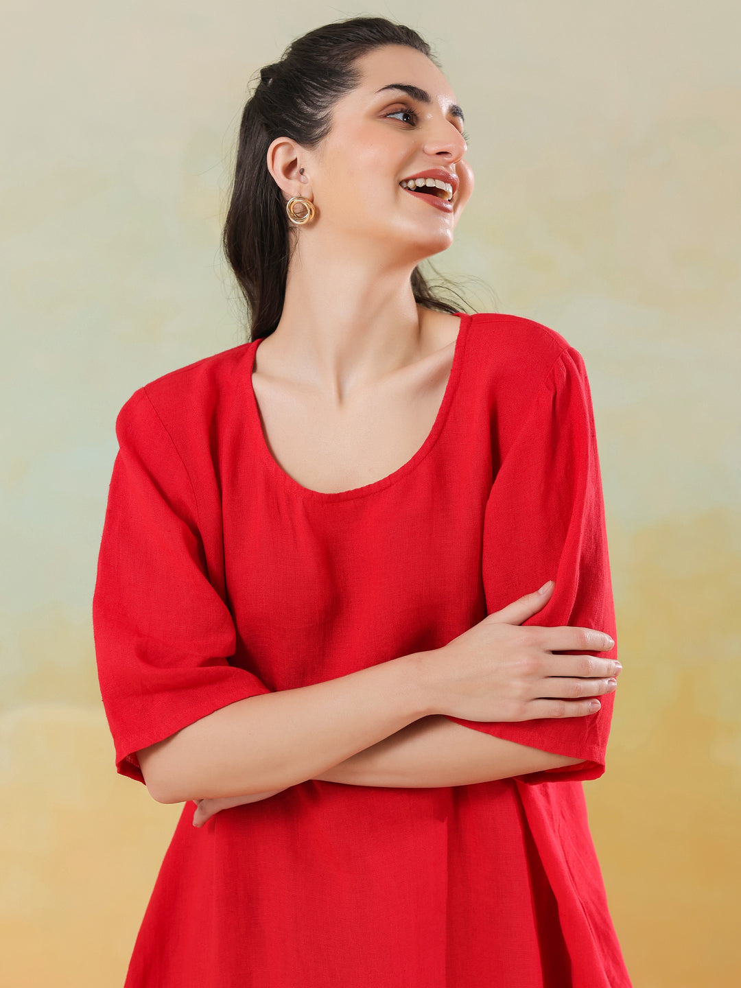 Red Round Neck Linen Blend Dress for Women