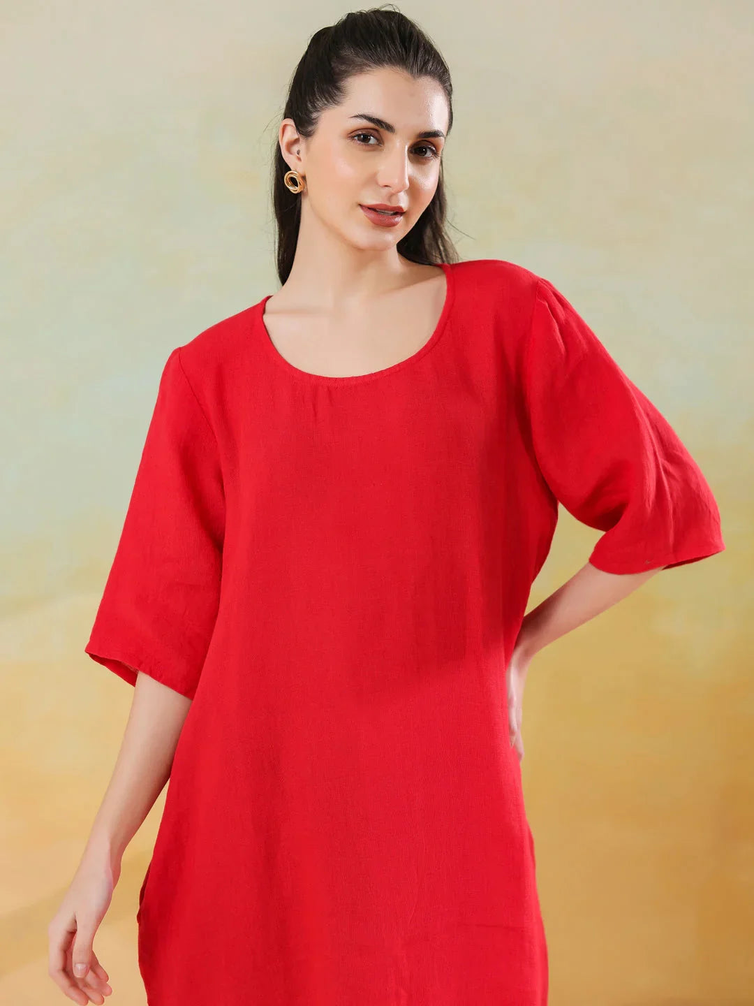 Red Round Neck Linen Blend Dress for Women - SanskrutiHomes