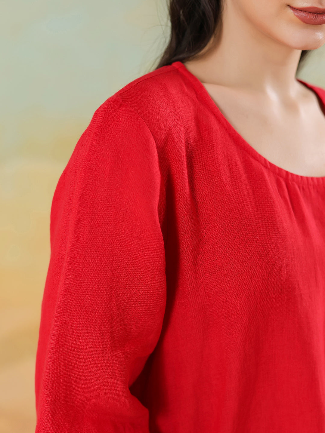 Red Round Neck Linen Blend Dress for Women