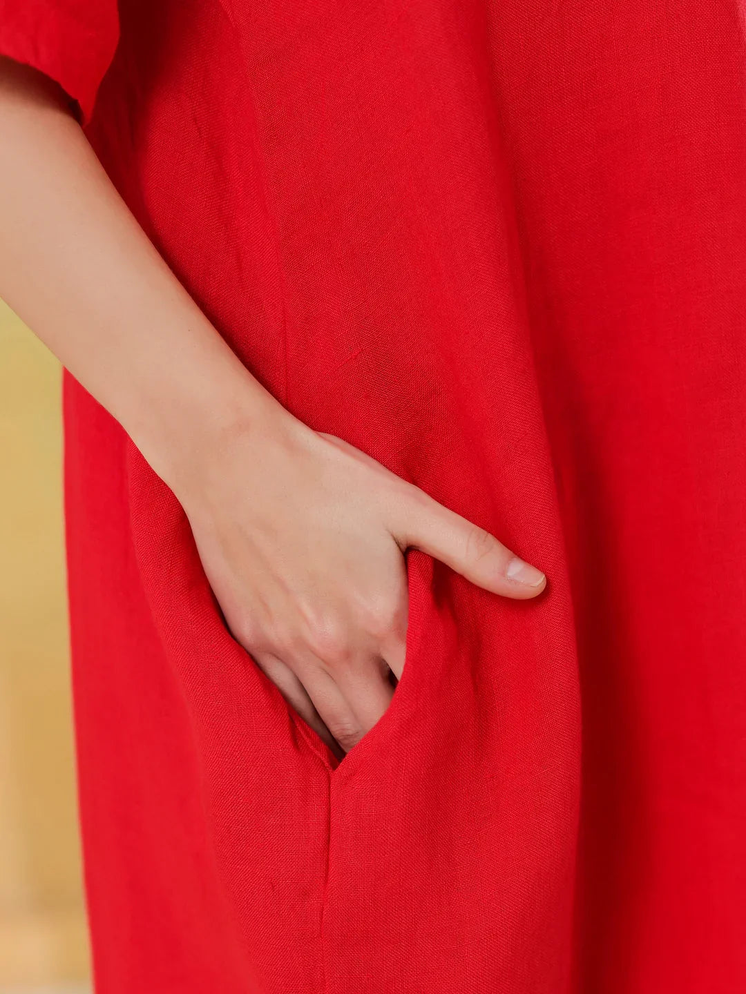 Red Round Neck Linen Blend Dress for Women - SanskrutiHomes