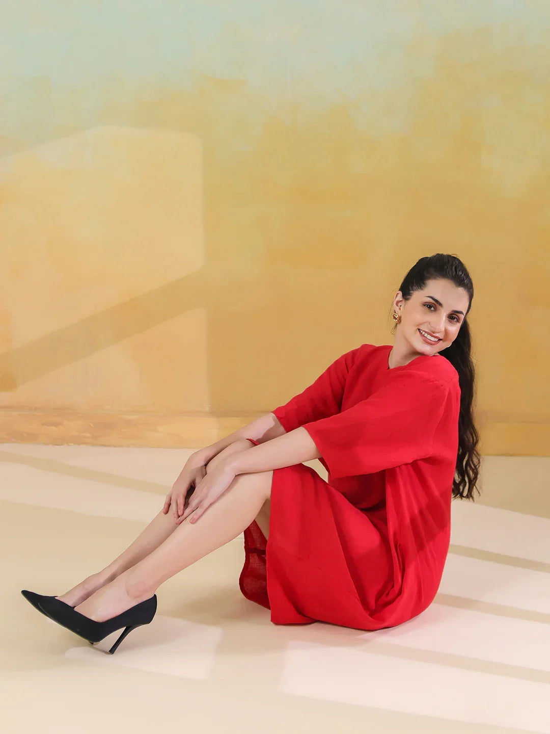 Red Round Neck Linen Blend Dress for Women - SanskrutiHomes