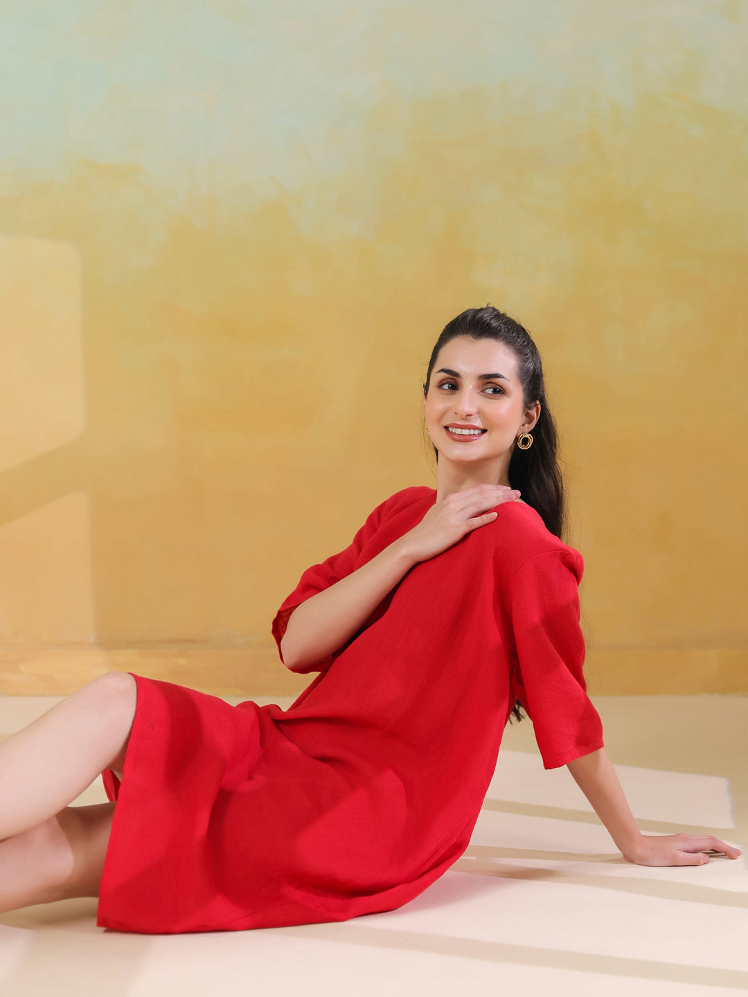 Red Round Neck Linen Blend Dress for Women
