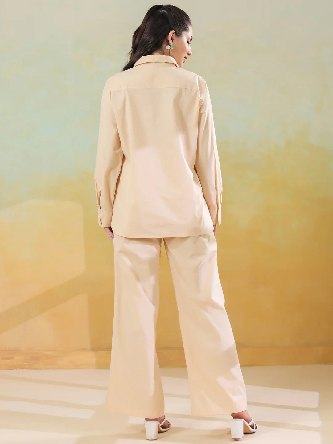 Cream Color Shirt Collar Pure Cotton Co-ords Set for Women - SanskrutiHomes