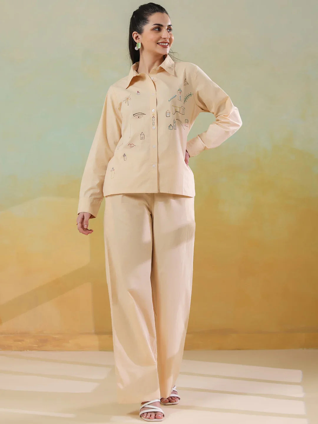 Cream Color Shirt Collar Pure Cotton Co-ords Set for Women - SanskrutiHomes