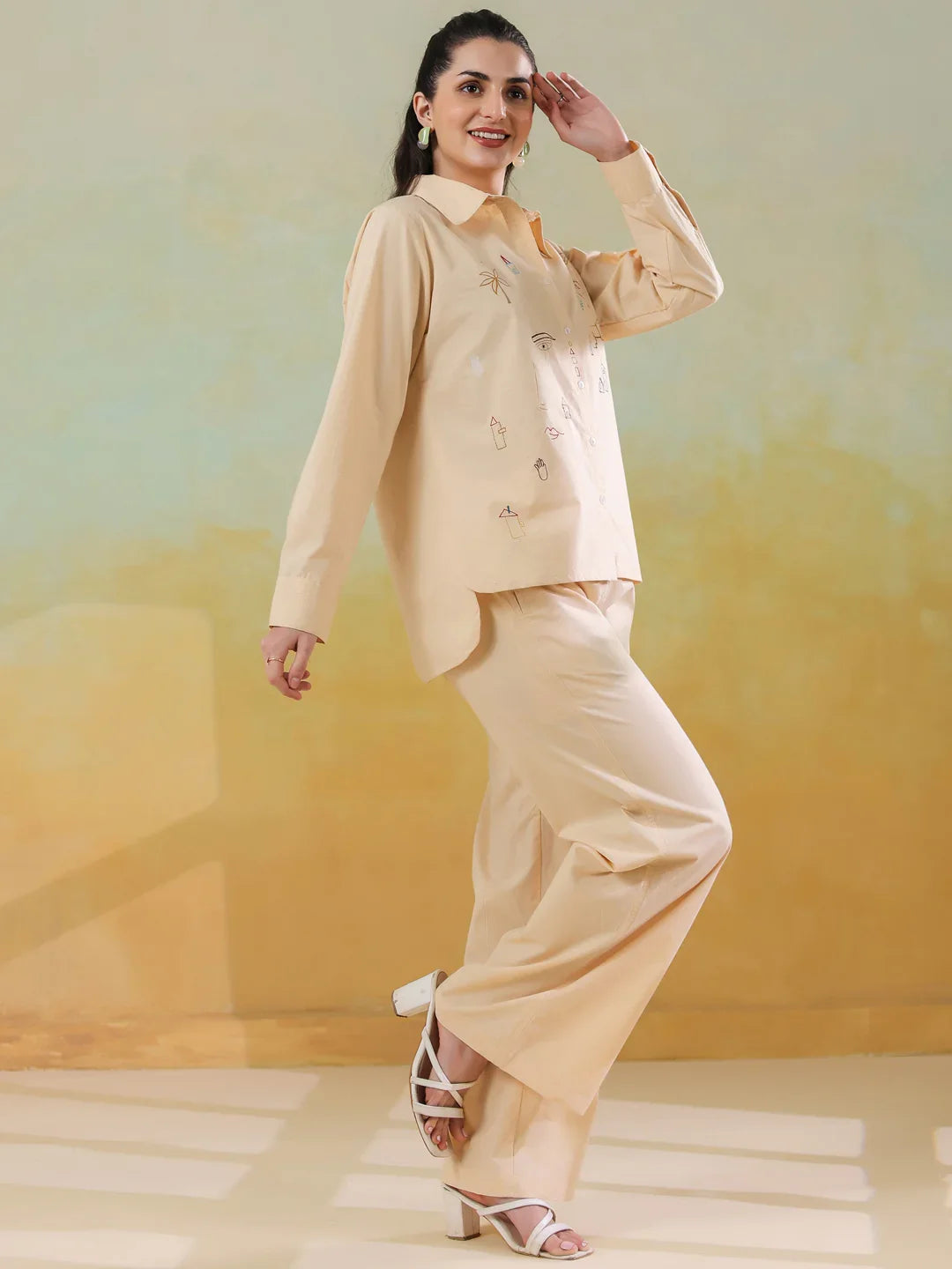 Cream Color Shirt Collar Pure Cotton Co-ords Set for Women - SanskrutiHomes