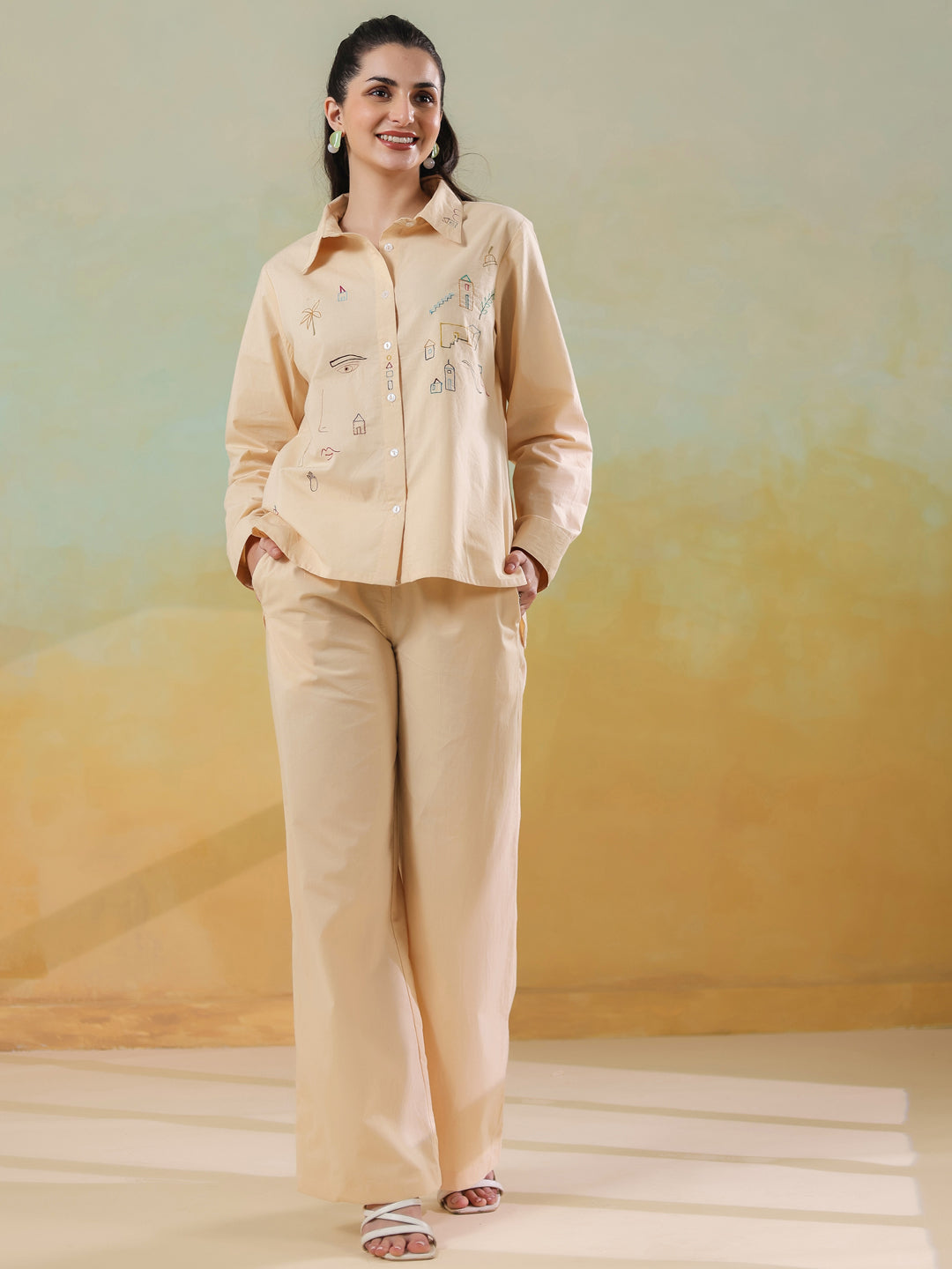 Cream Color Shirt Collar Pure Cotton Co-ords Set for Women