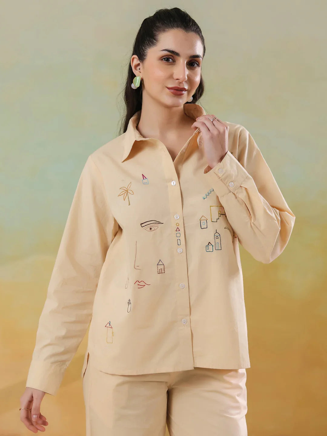 Cream Color Shirt Collar Pure Cotton Co-ords Set for Women - SanskrutiHomes