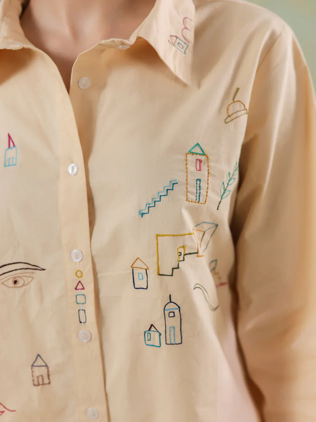 Cream Color Shirt Collar Pure Cotton Co-ords Set for Women - SanskrutiHomes