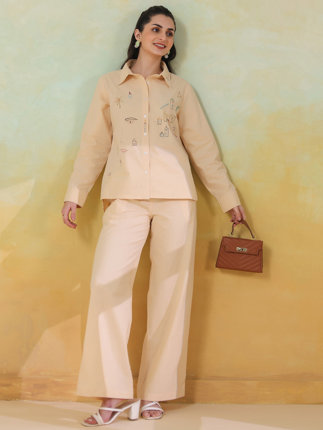 Cream Color Shirt Collar Pure Cotton Co-ords Set for Women