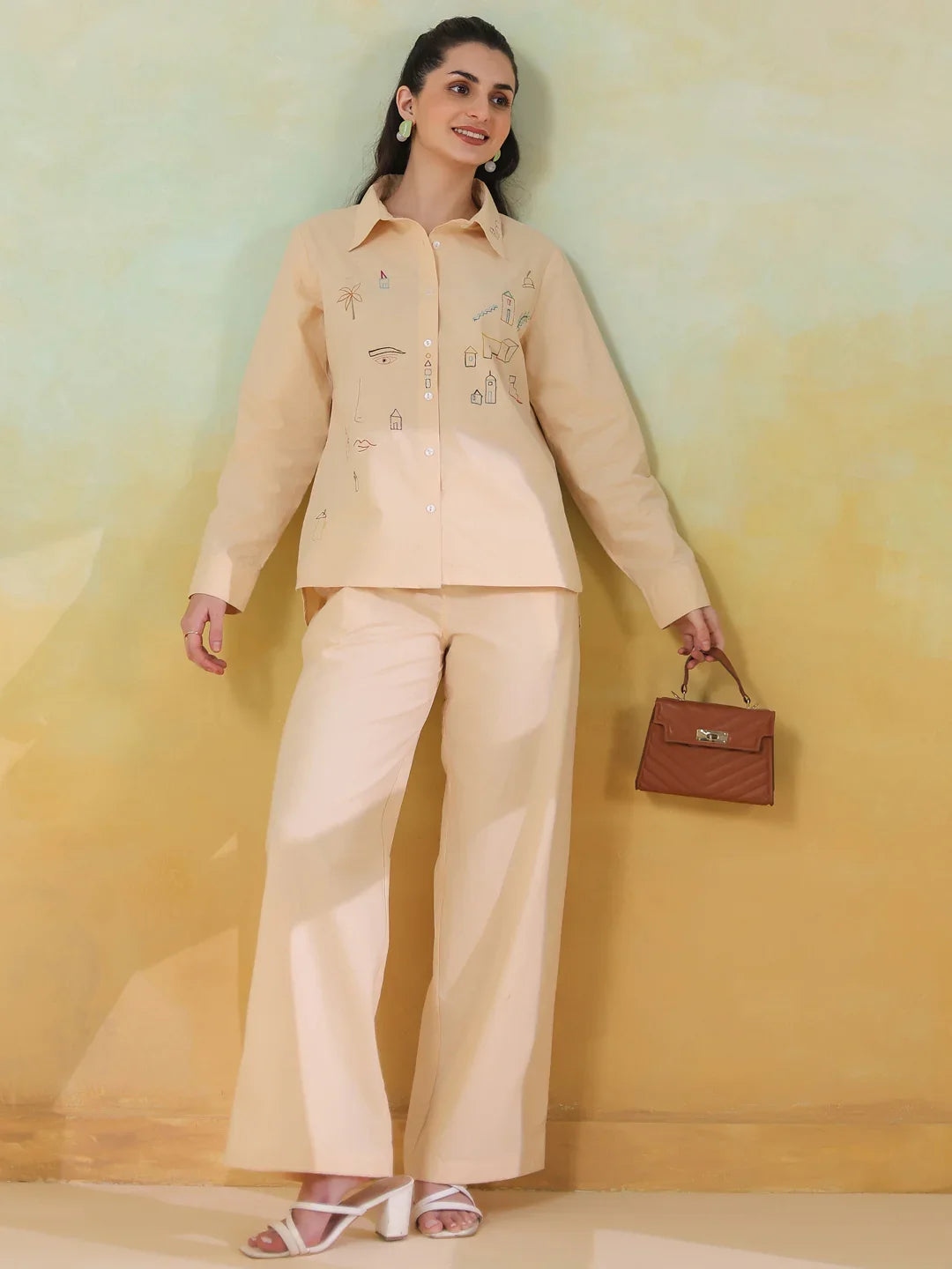 Cream Color Shirt Collar Pure Cotton Co-ords Set for Women - SanskrutiHomes