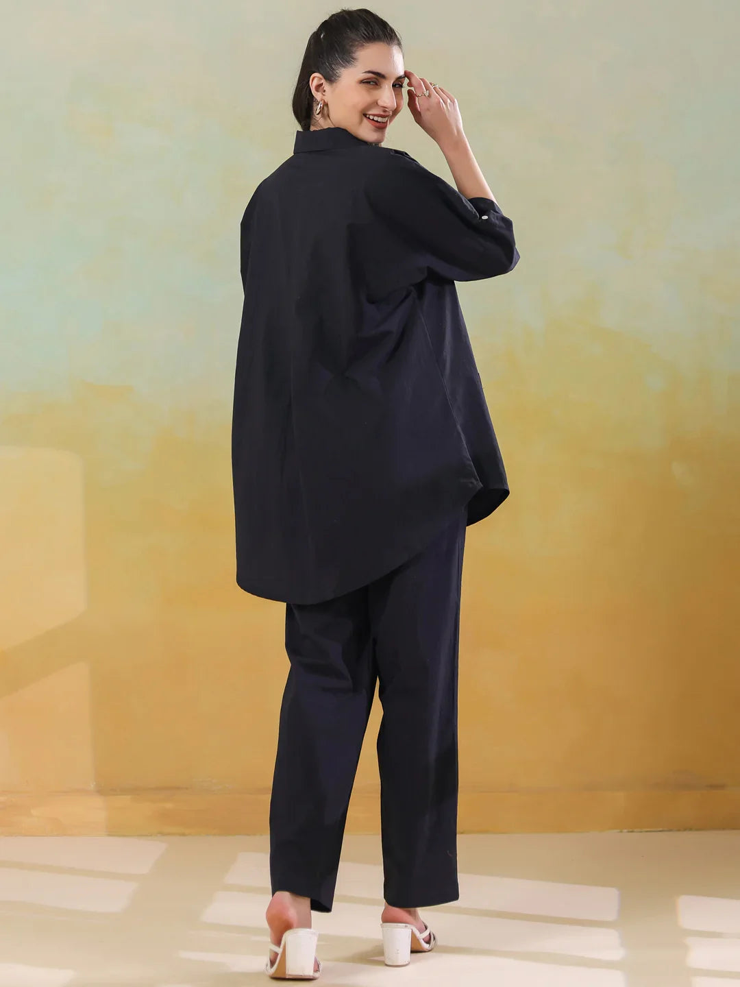 Black Color Shirt Collar Pure Cotton Co-ords Set for Women - SanskrutiHomes