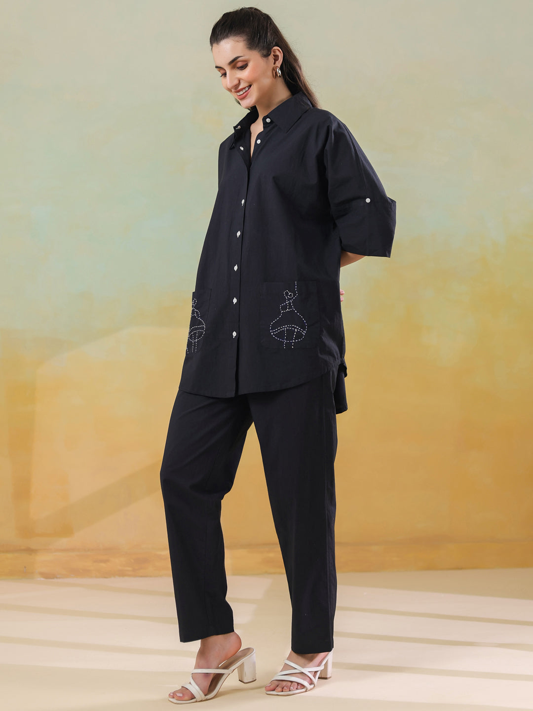 Black Color Shirt Collar Pure Cotton Co-ords Set for Women