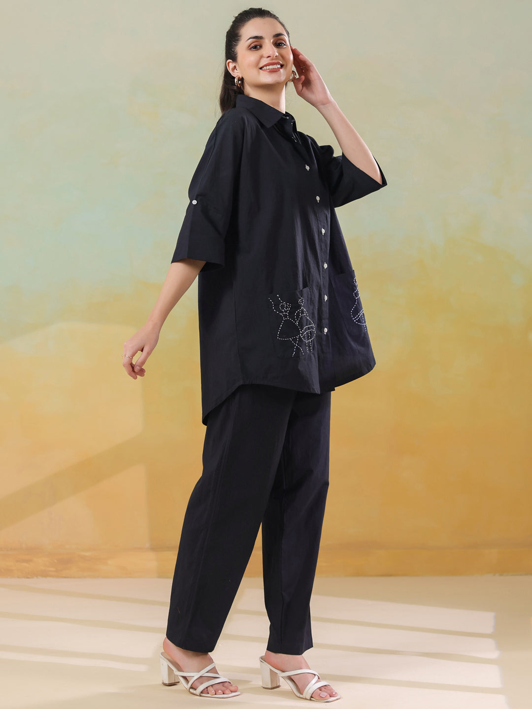 Black Color Shirt Collar Pure Cotton Co-ords Set for Women
