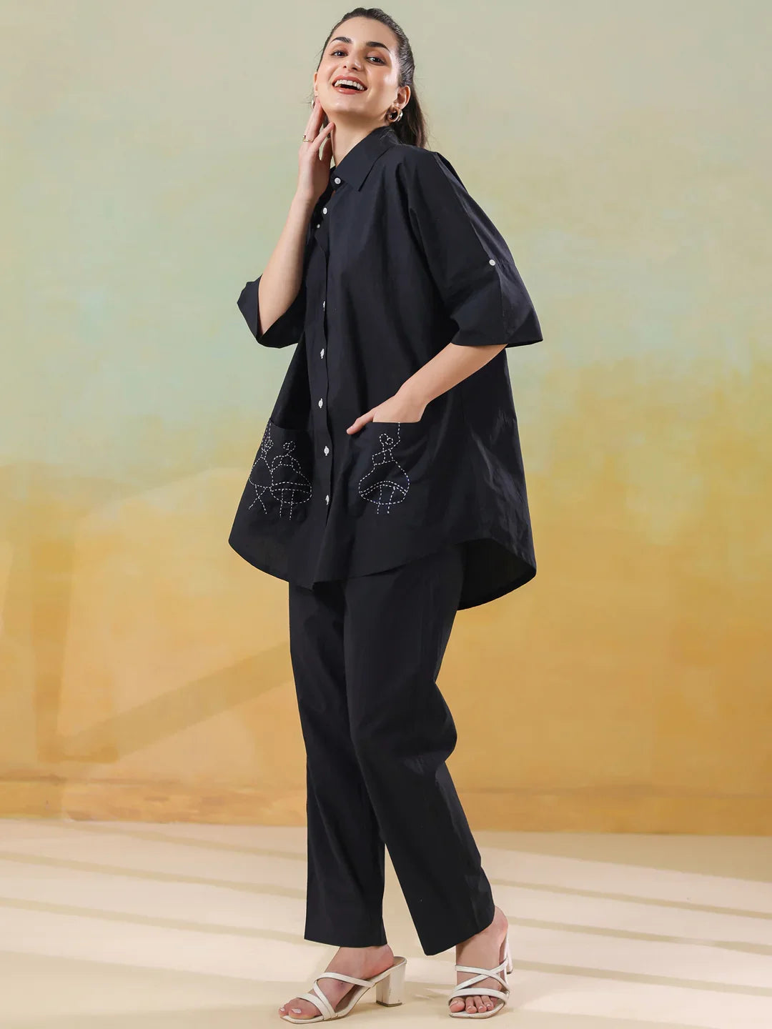 Black Color Shirt Collar Pure Cotton Co-ords Set for Women - SanskrutiHomes