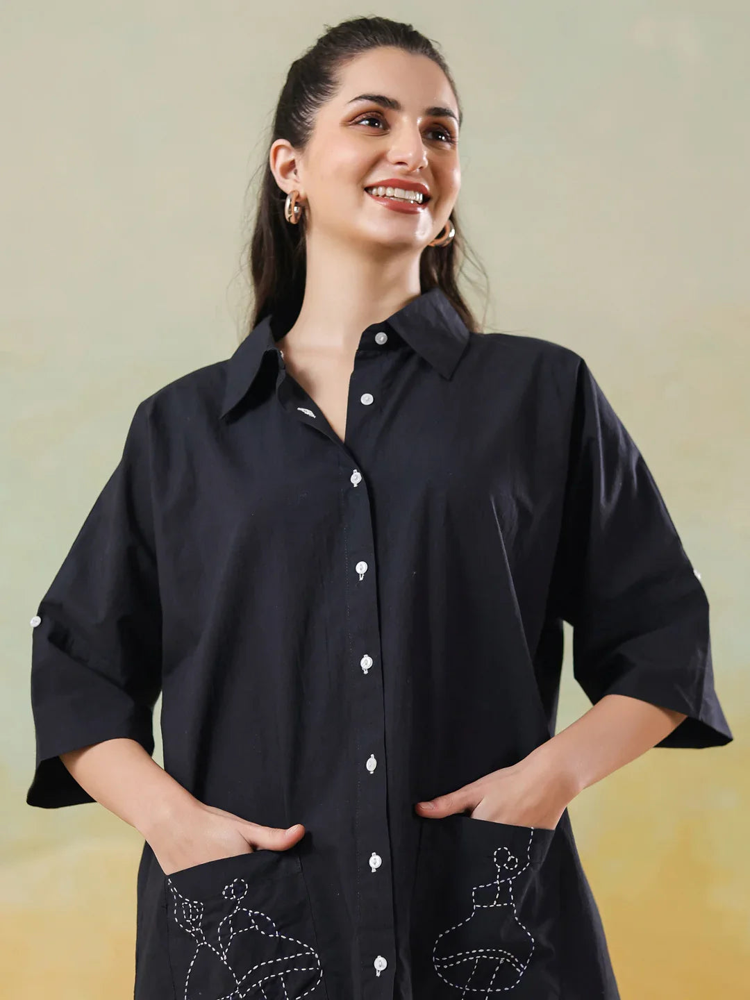 Black Color Shirt Collar Pure Cotton Co-ords Set for Women - SanskrutiHomes