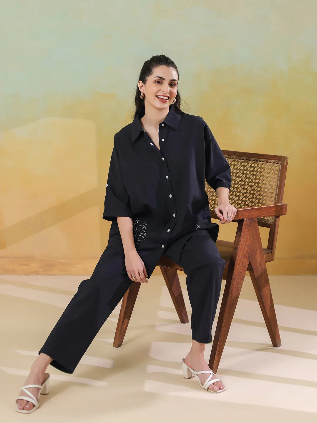Black Color Shirt Collar Pure Cotton Co-ords Set for Women - SanskrutiHomes