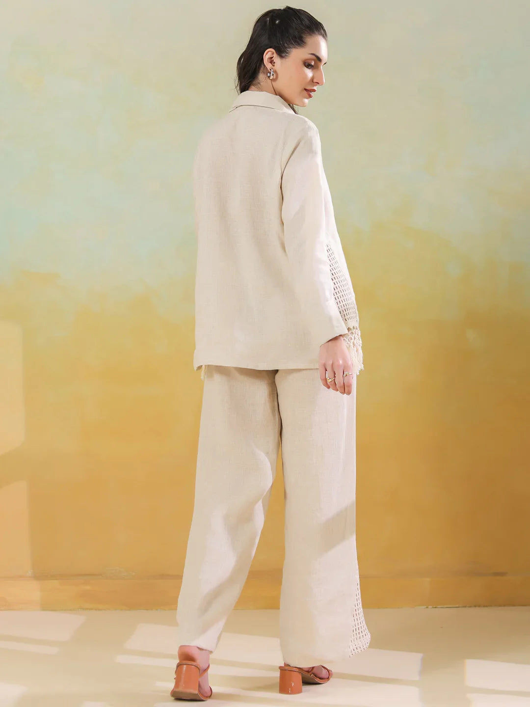 Cream Linen Shirt Collar Co-Ord-Set for Women - SanskrutiHomes