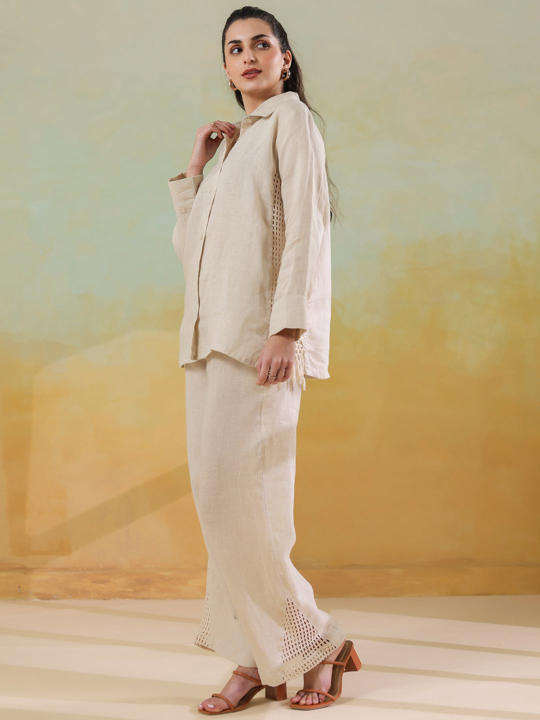 Cream Linen Shirt Collar Co-Ord-Set for Women