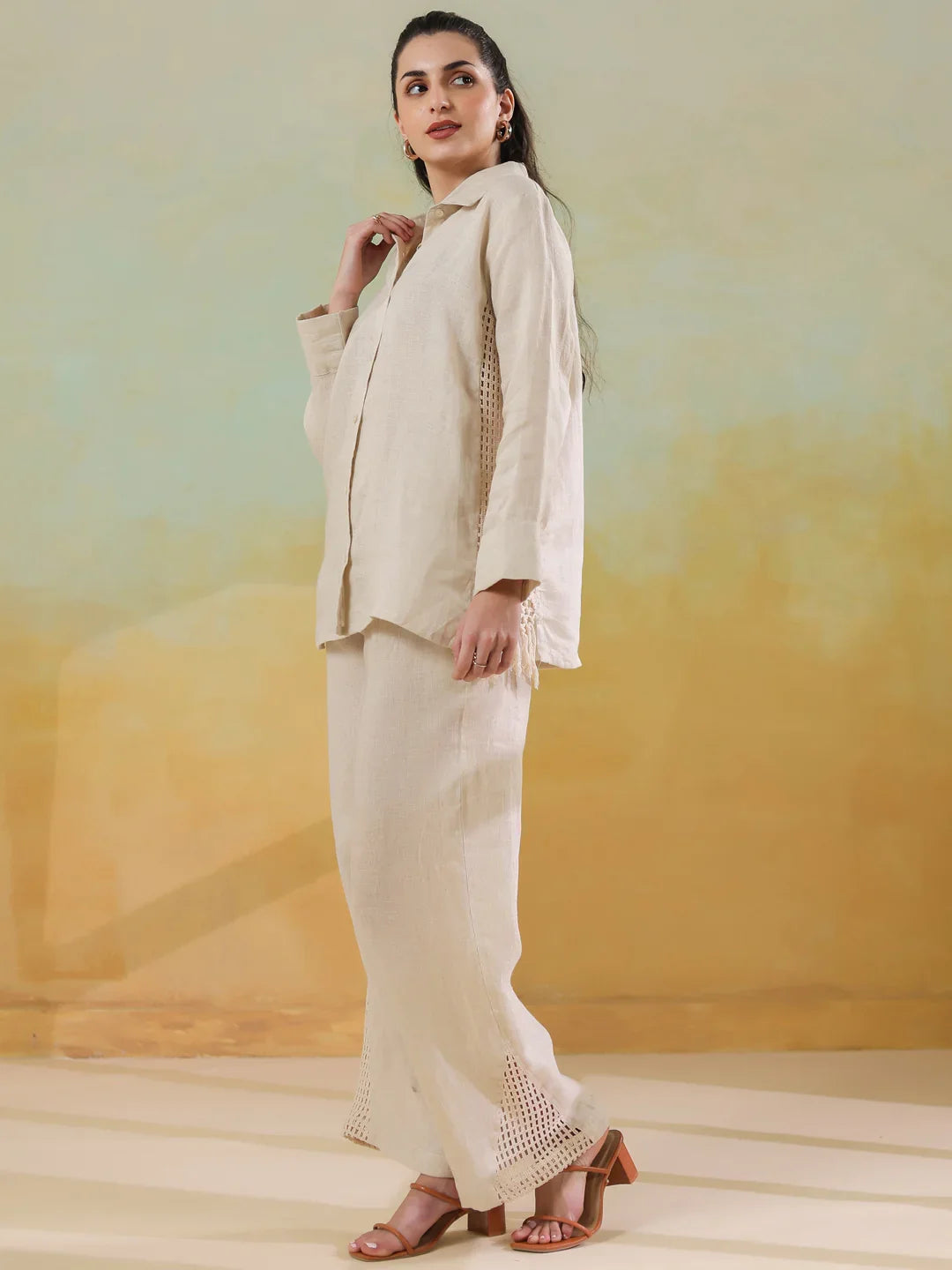 Cream Linen Shirt Collar Co-Ord-Set for Women - SanskrutiHomes