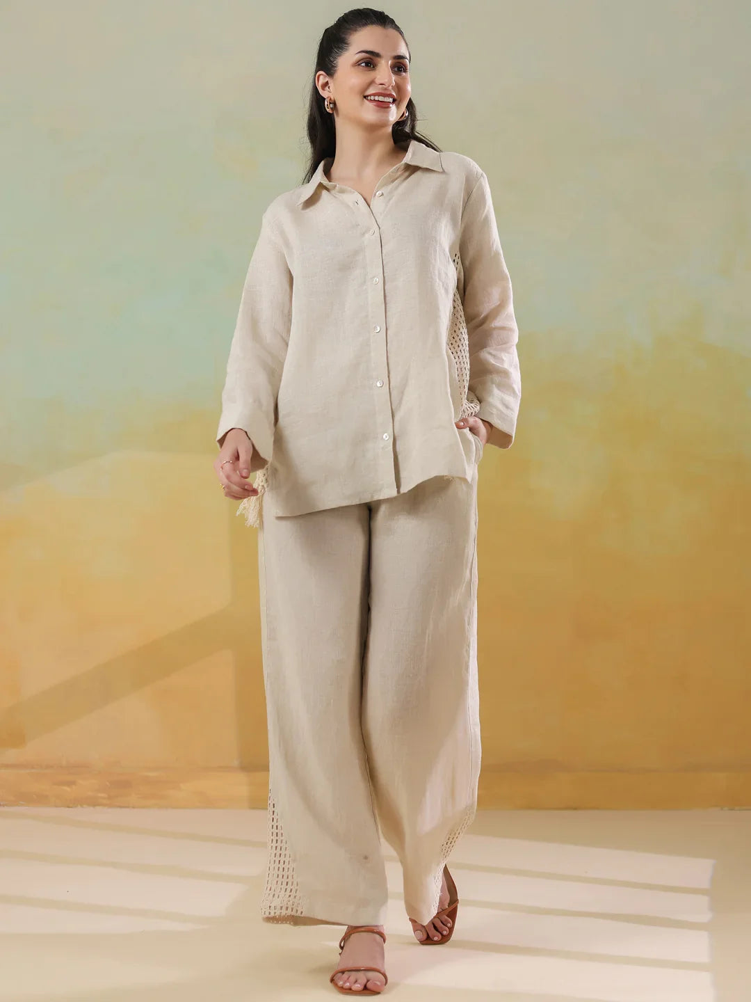 Cream Linen Shirt Collar Co-Ord-Set for Women - SanskrutiHomes