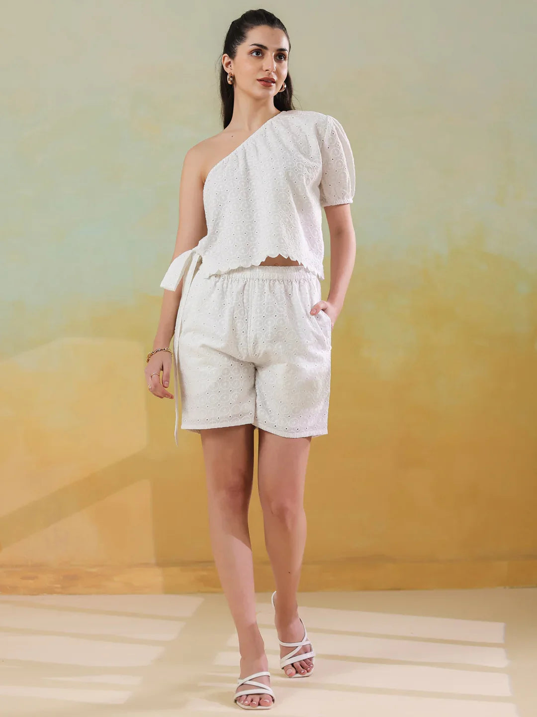 White Color Round Neck Pure Cotton Co-ords Set for Women - SanskrutiHomes