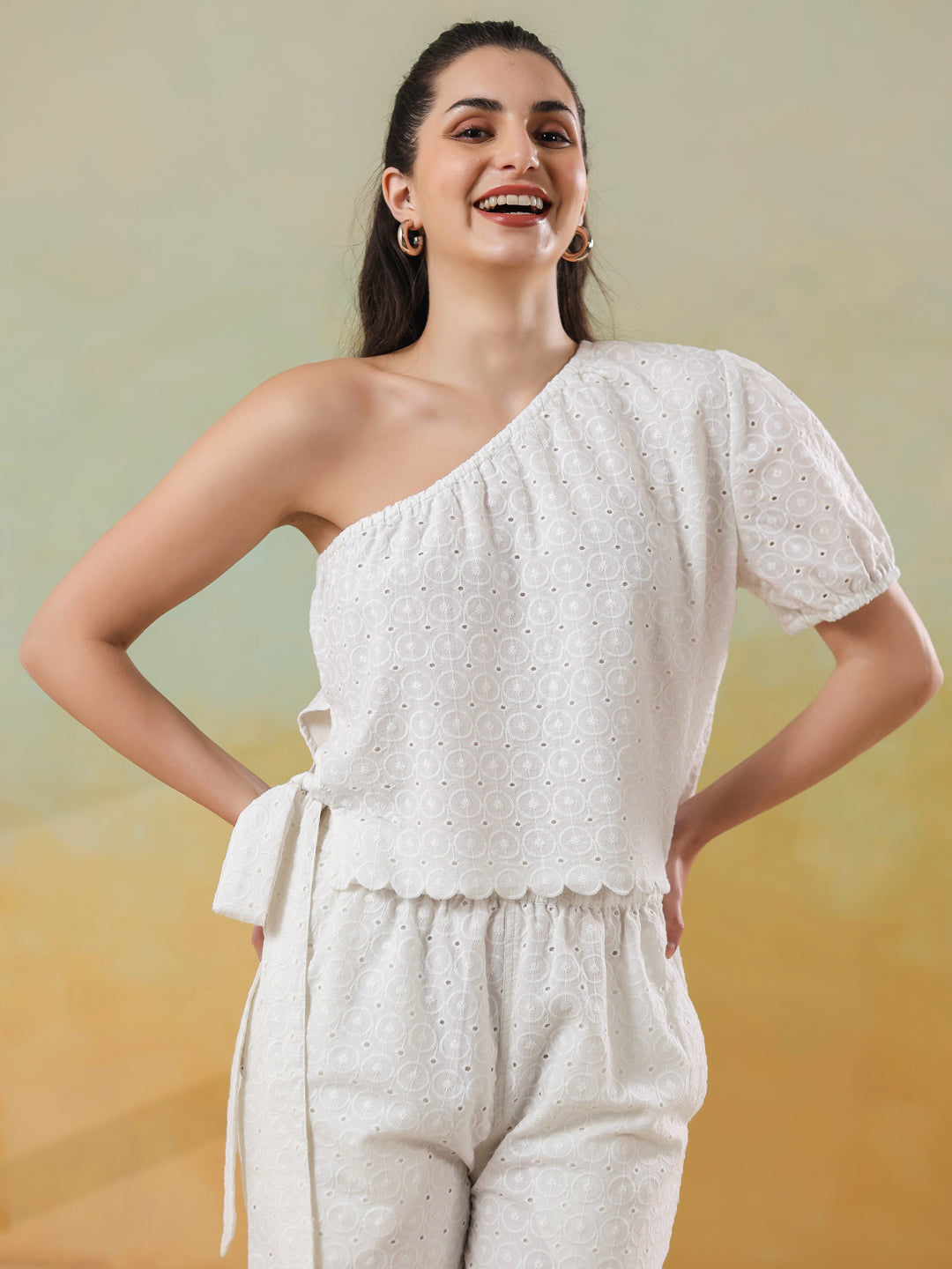 White Color Round Neck Pure Cotton Co-ords Set for Women