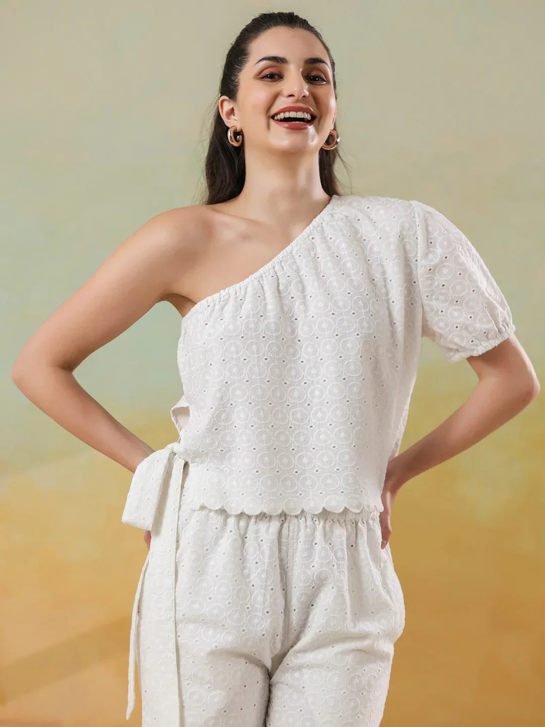 White Color Round Neck Pure Cotton Co-ords Set for Women - SanskrutiHomes