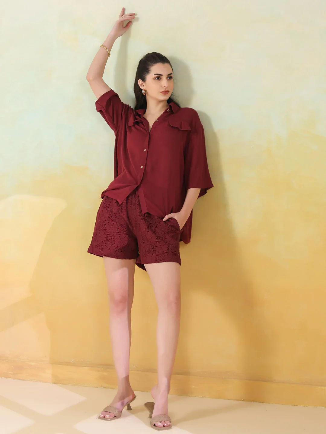 Maroon Solid Print Viscouse Rayon Co-Ords Set For Women