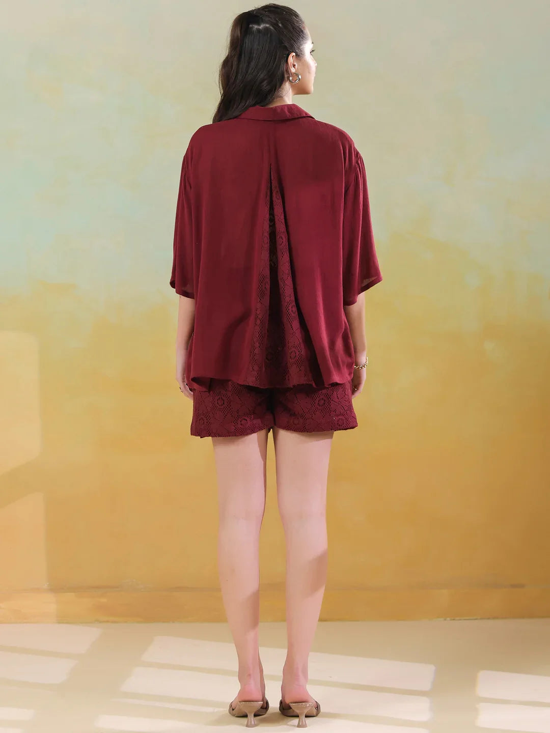 Maroon Solid Print Viscouse Rayon Co-Ords Set For Women