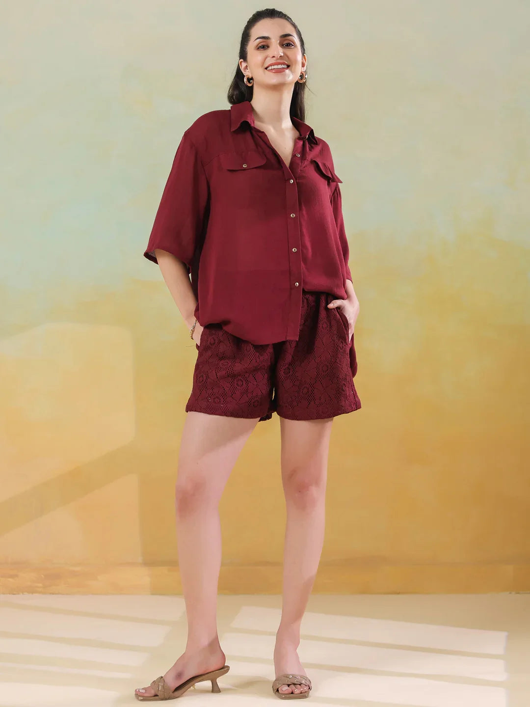 Maroon Solid Print Viscouse Rayon Co-Ords Set For Women