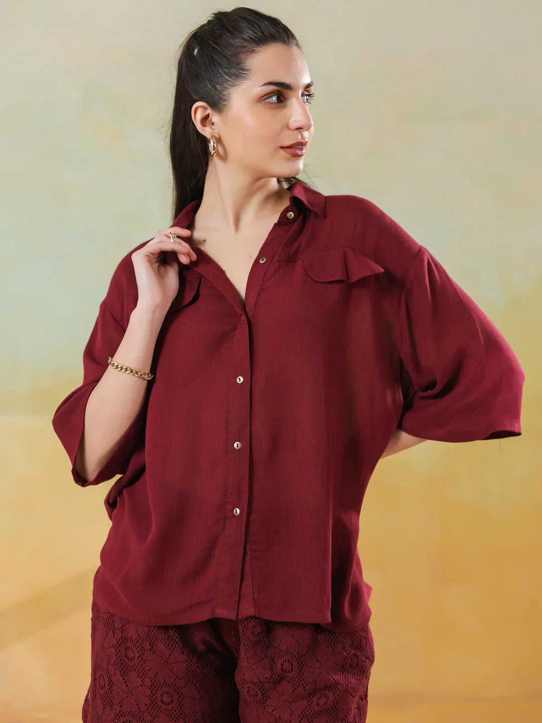 Maroon Solid Print Viscouse Rayon Co-Ords Set For Women
