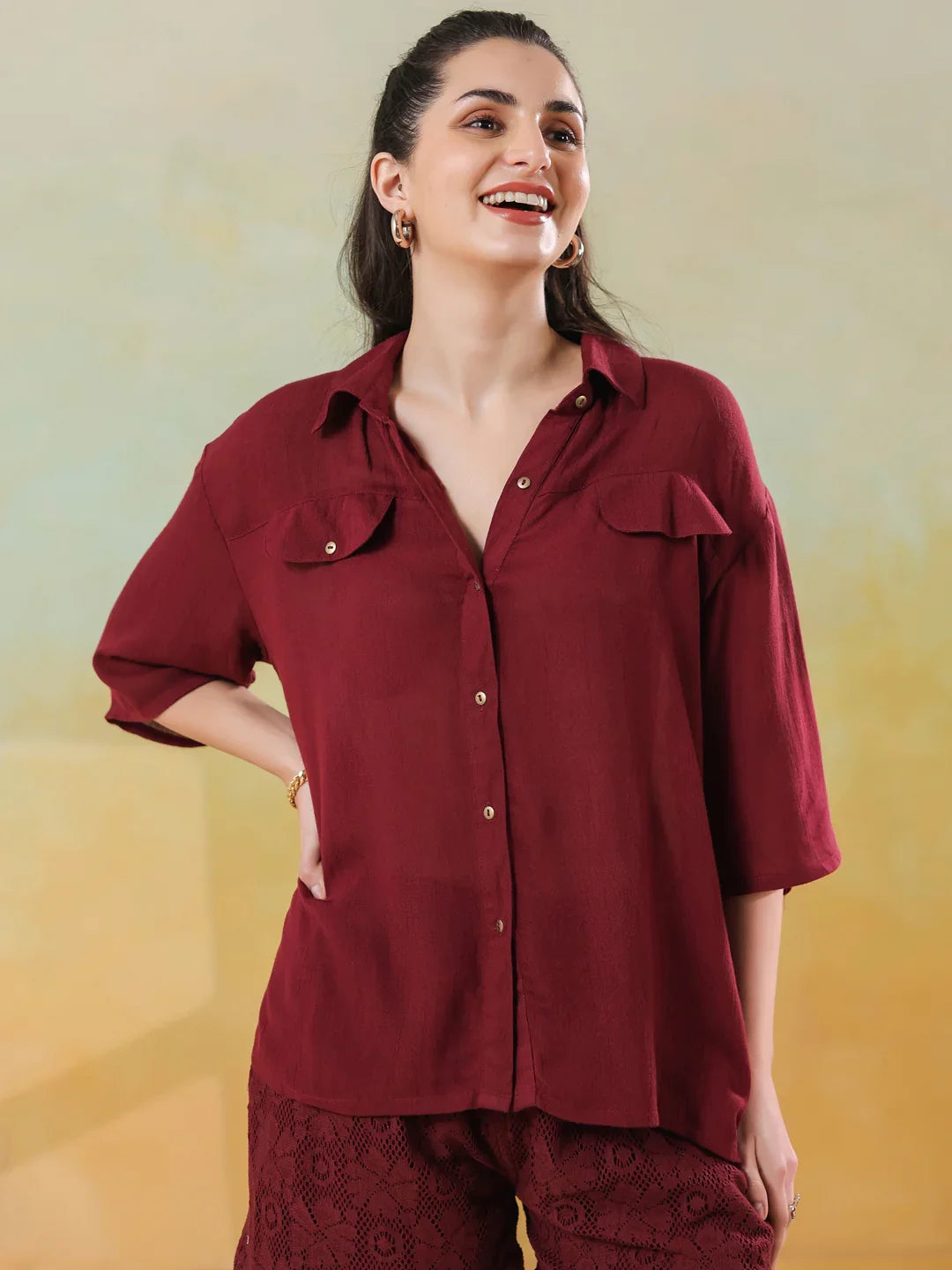 Maroon Solid Print Viscouse Rayon Co-Ords Set For Women