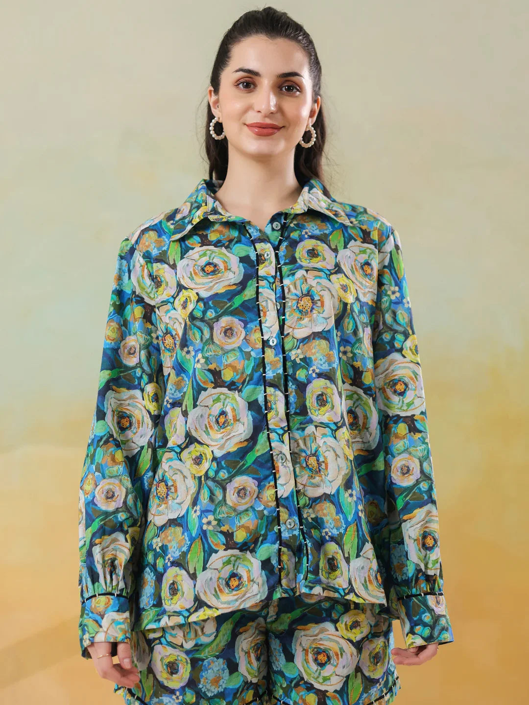 Blue floral shirt collar co-ord-set foe women and girls - SanskrutiHomes