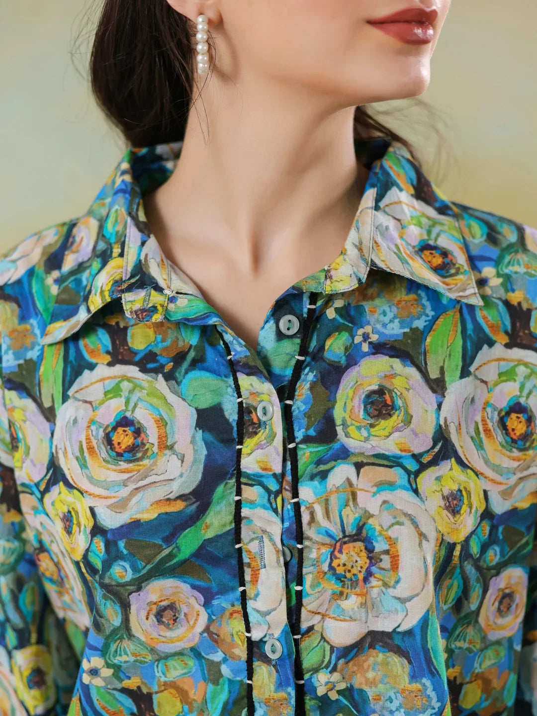 Blue floral shirt collar co-ord-set foe women and girls - SanskrutiHomes