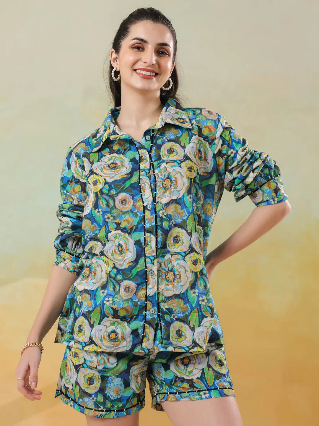 Blue floral shirt collar co-ord-set foe women and girls - SanskrutiHomes