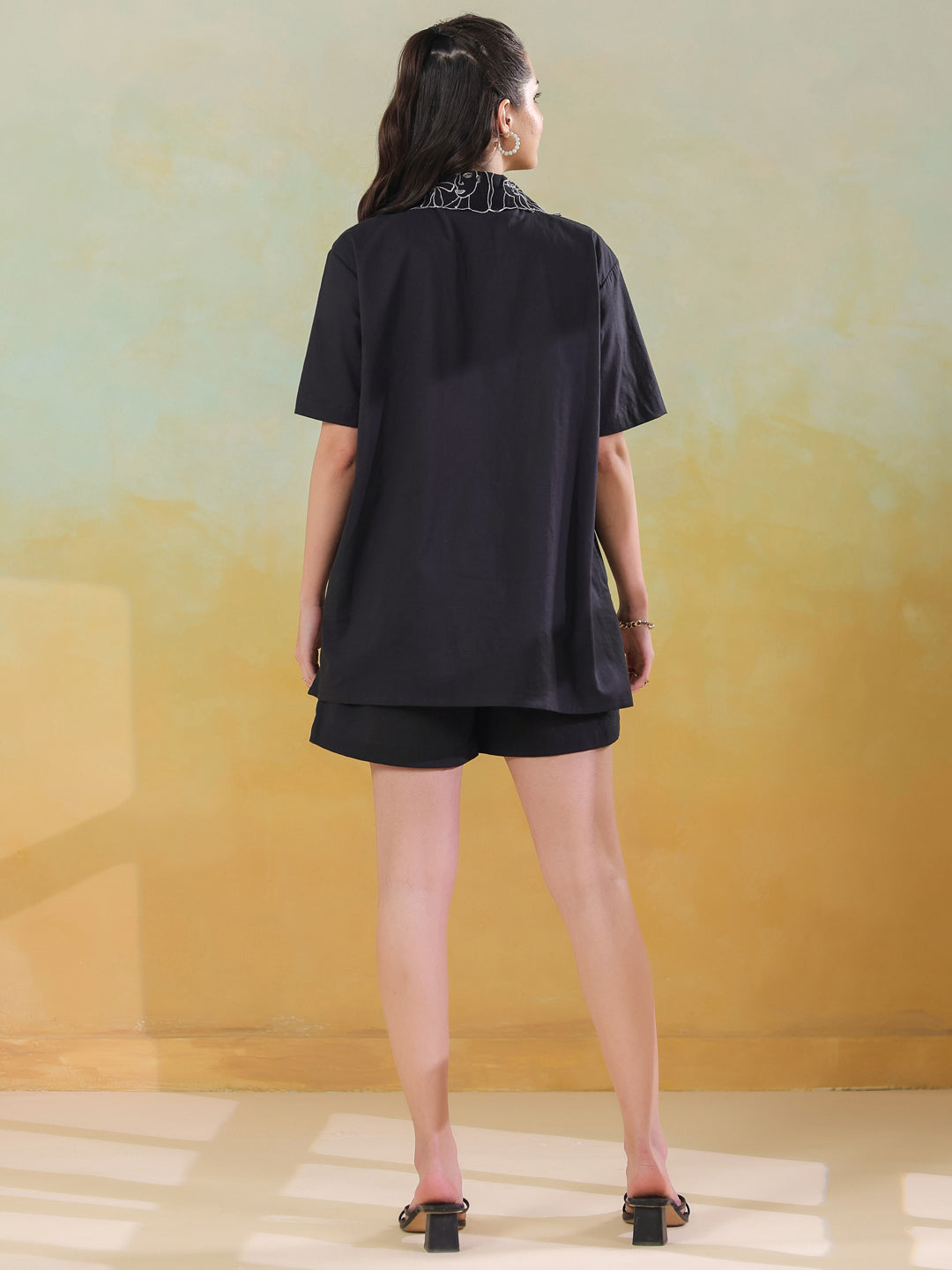 Black Shirt Collar Pure Cotton Co-ords Set for Women