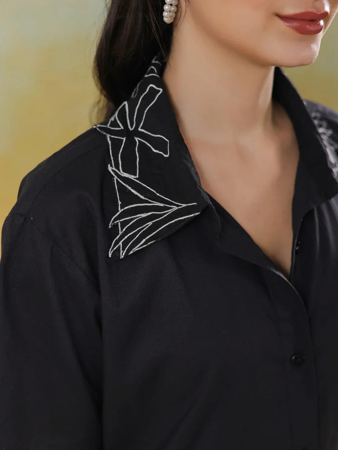 Black Shirt Collar Pure Cotton Co-ords Set for Women - SanskrutiHomes