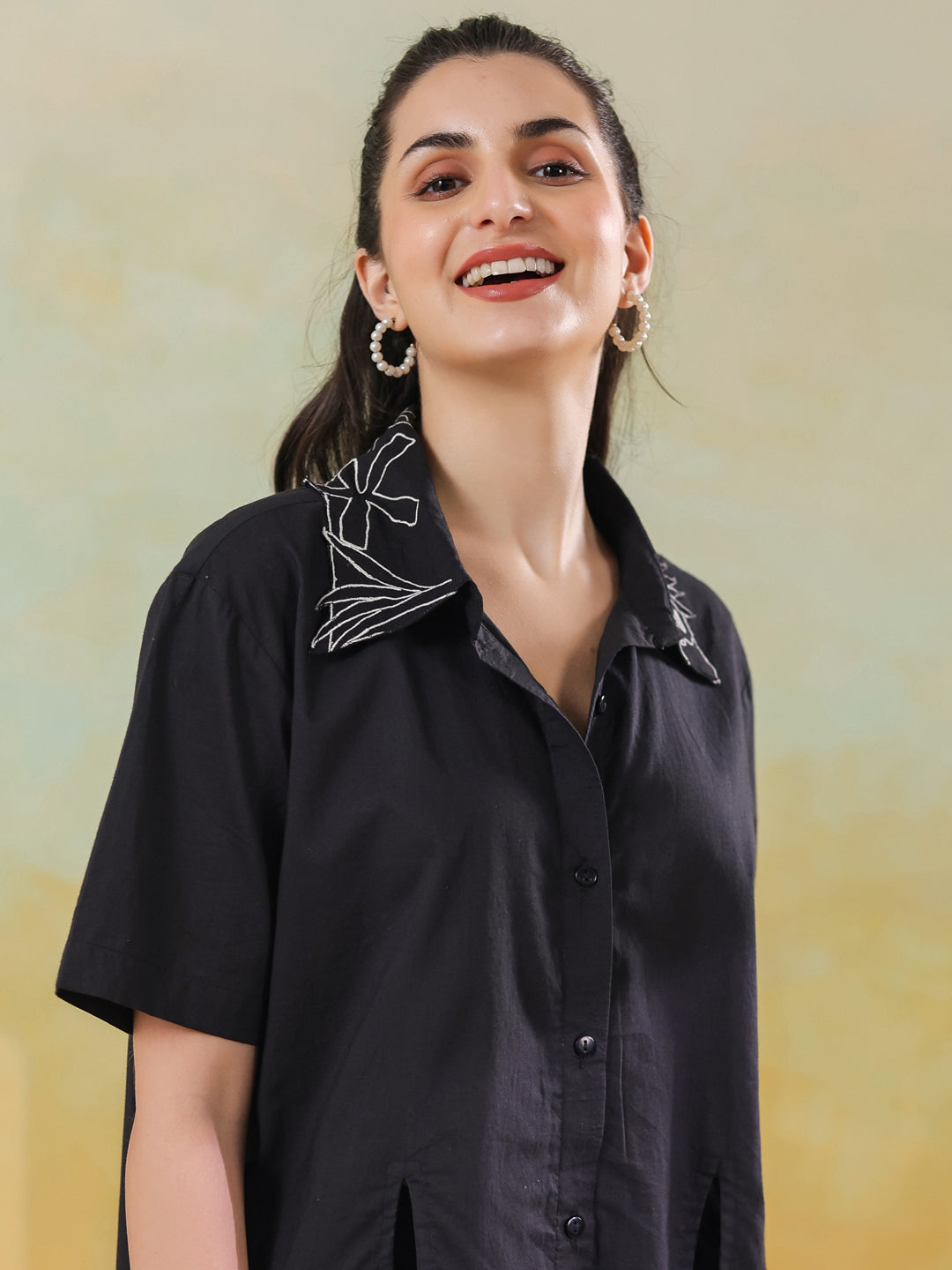 Black Shirt Collar Pure Cotton Co-ords Set for Women