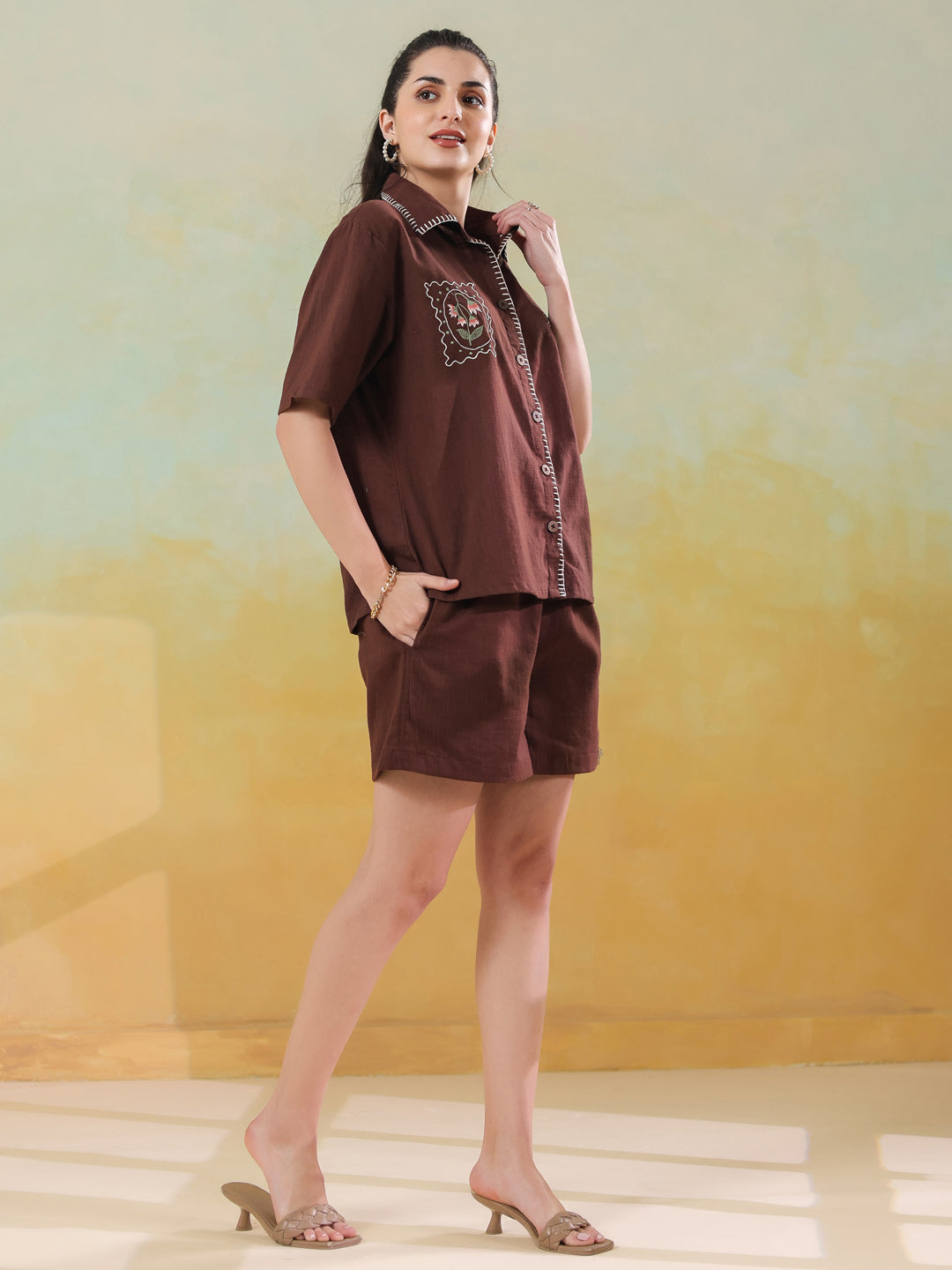 Brown Printed Cotton Co-ords Set for Women