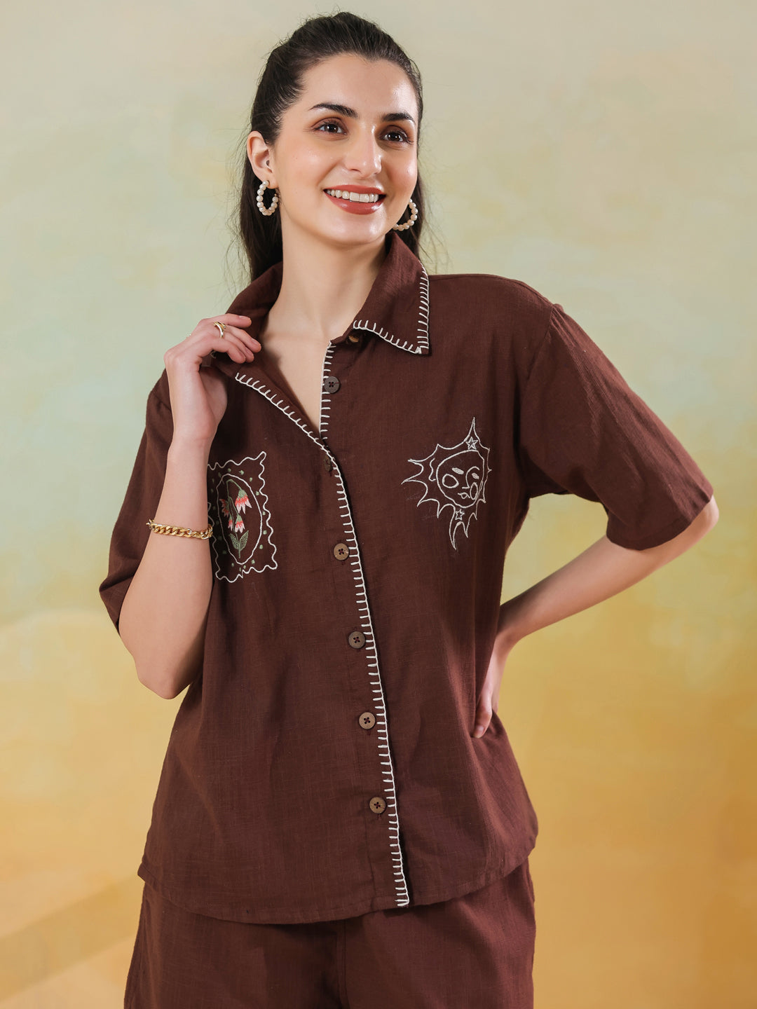Brown V-Neck Pure Cotton Top Printed Co-ords Set for Women