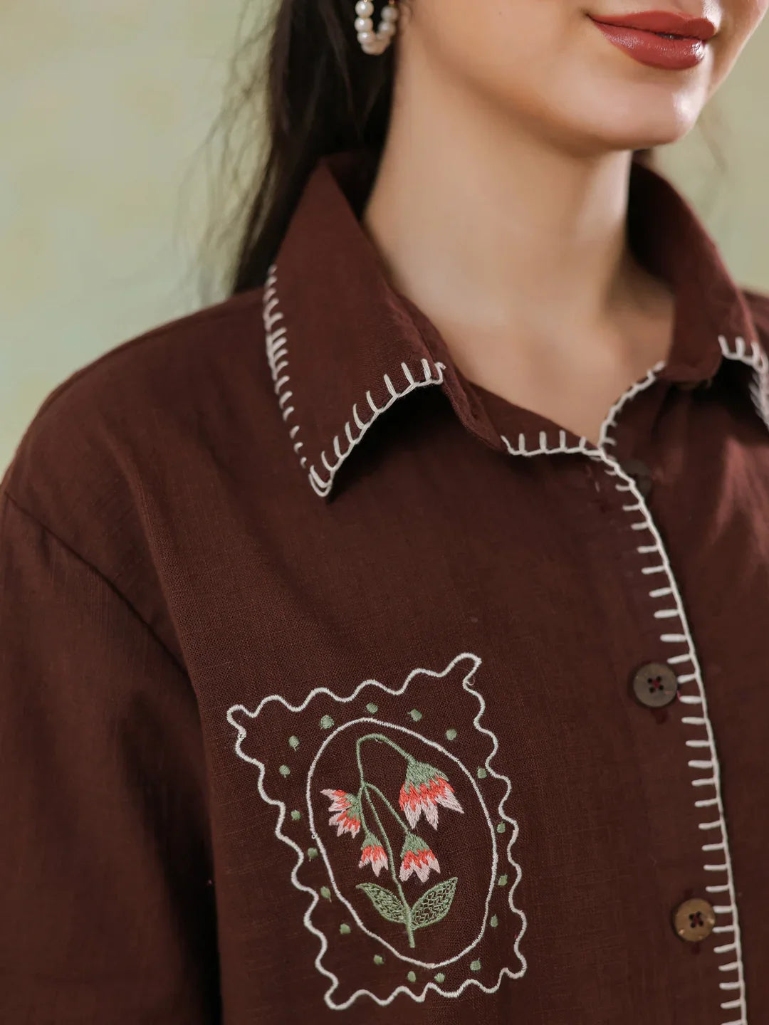 Brown V-Neck Pure Cotton Top Printed Co-ords Set for Women - SanskrutiHomes